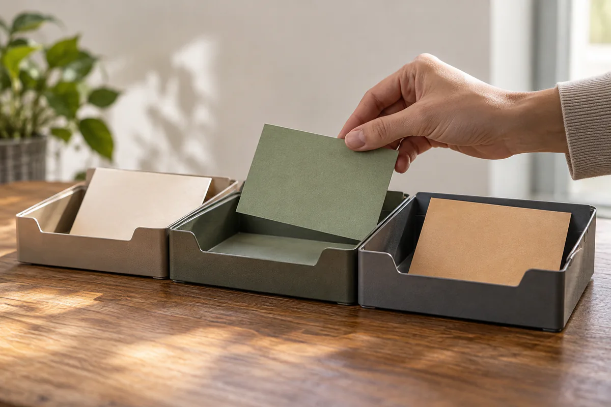 A hand moving blank message cards through a three-stage tray system
