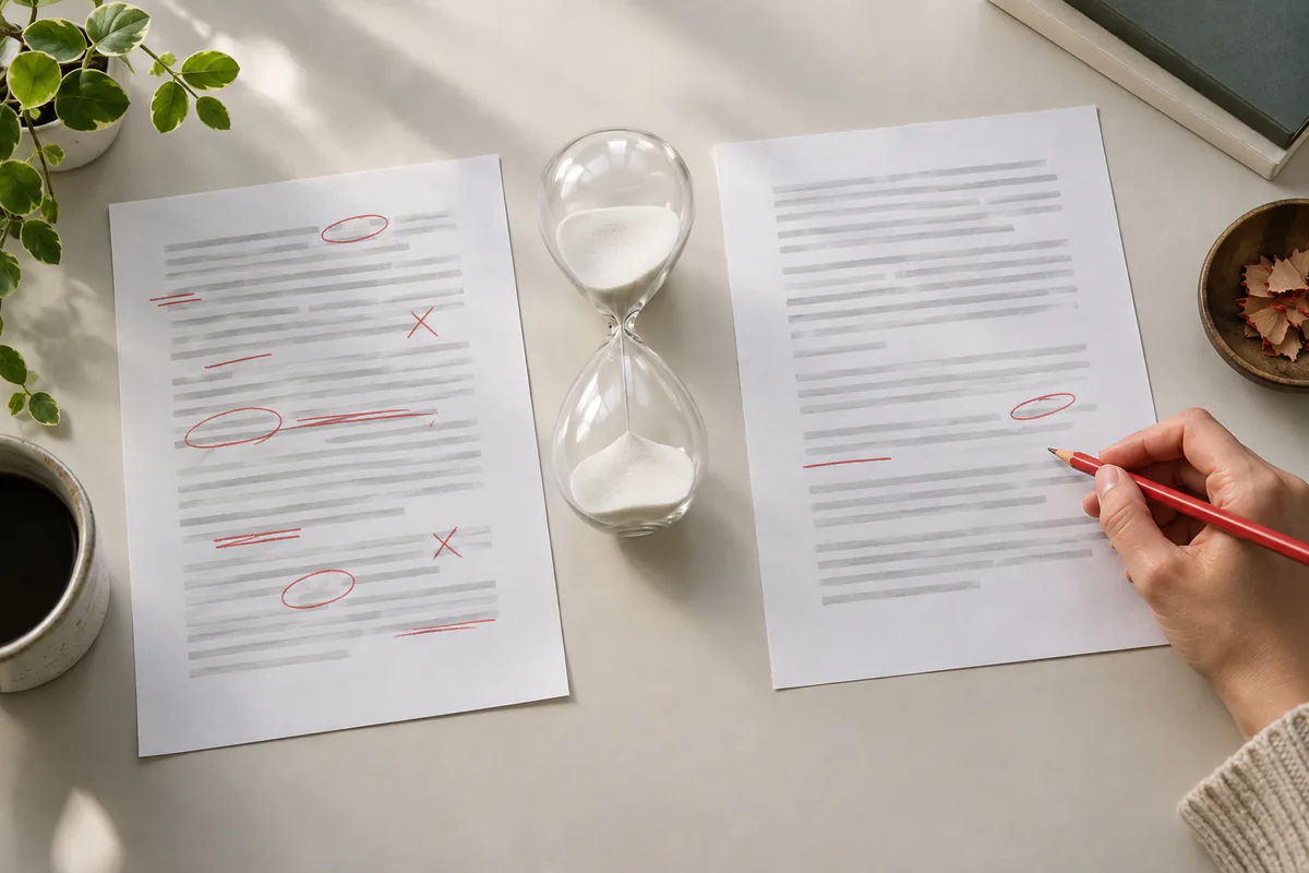 Two corrected drafts lie on either side of a glass hourglass.