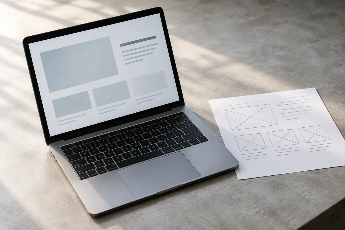 A simple website layout on a laptop beside a paper wireframe