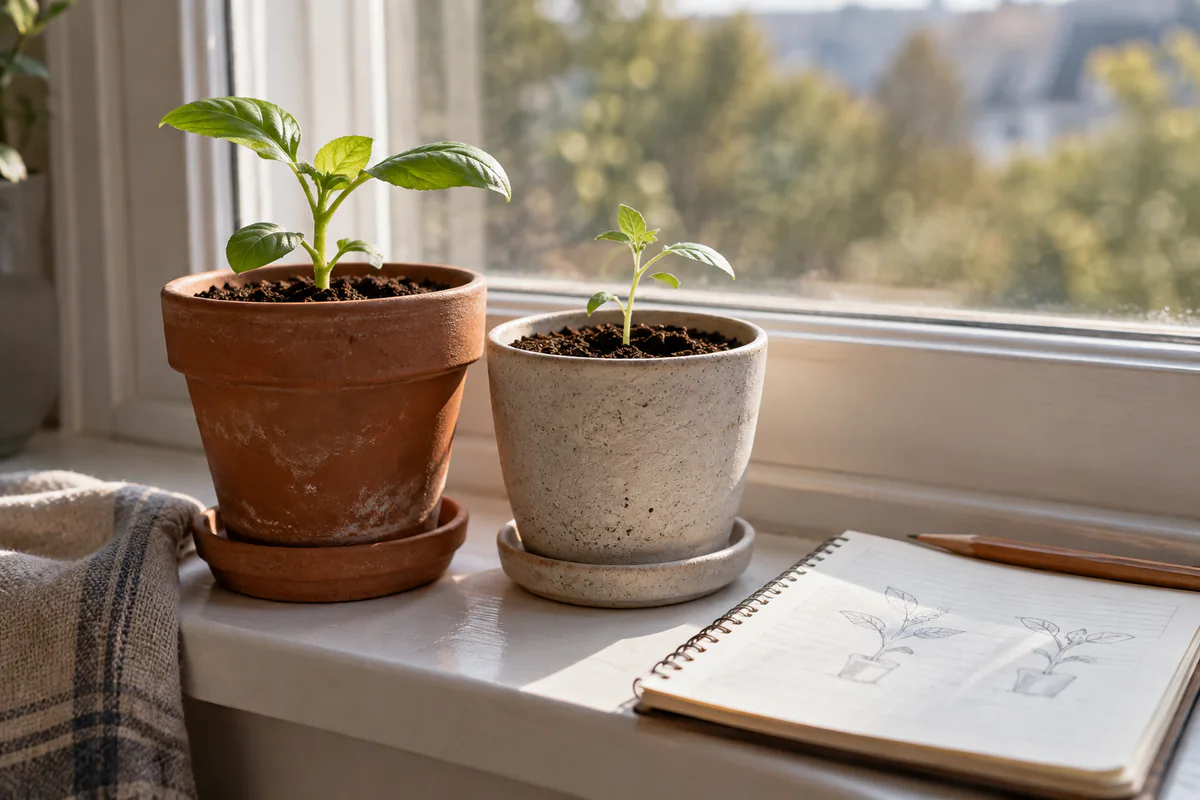 Two small seedlings and a brief observation notebook on a windowsill