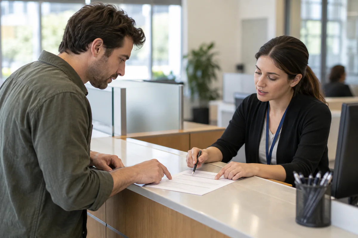A person reviews a form with an adviser at a service counter