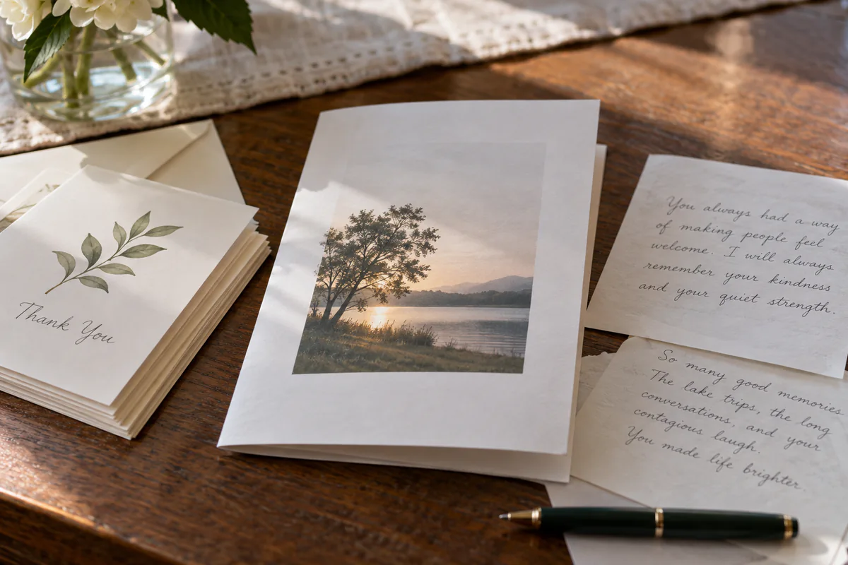 An open letter, a landscape photo and a small greeting card on a desk