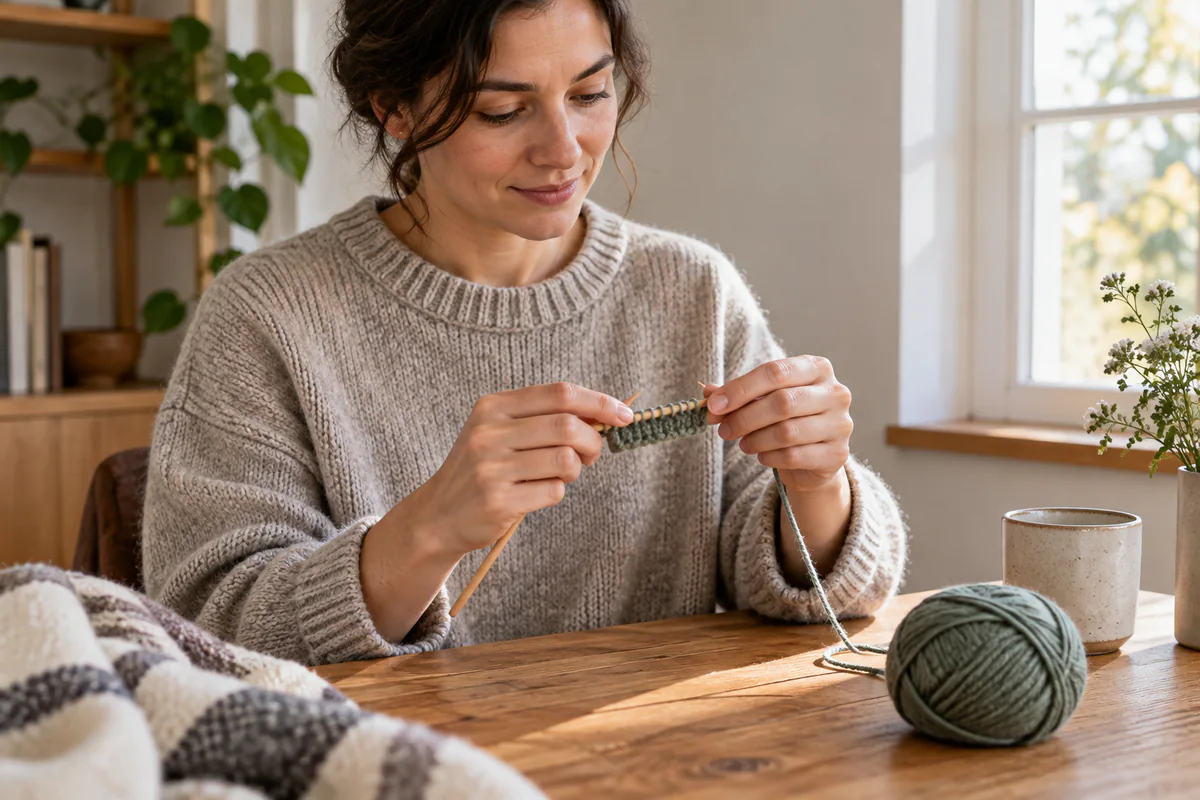 A person calmly returns to a small unfinished knitting project