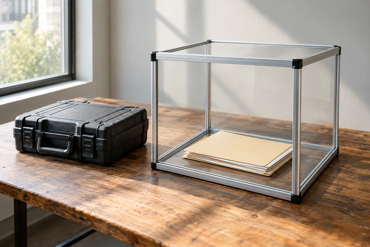 A closed tool case outside a transparent enclosure containing permitted files
