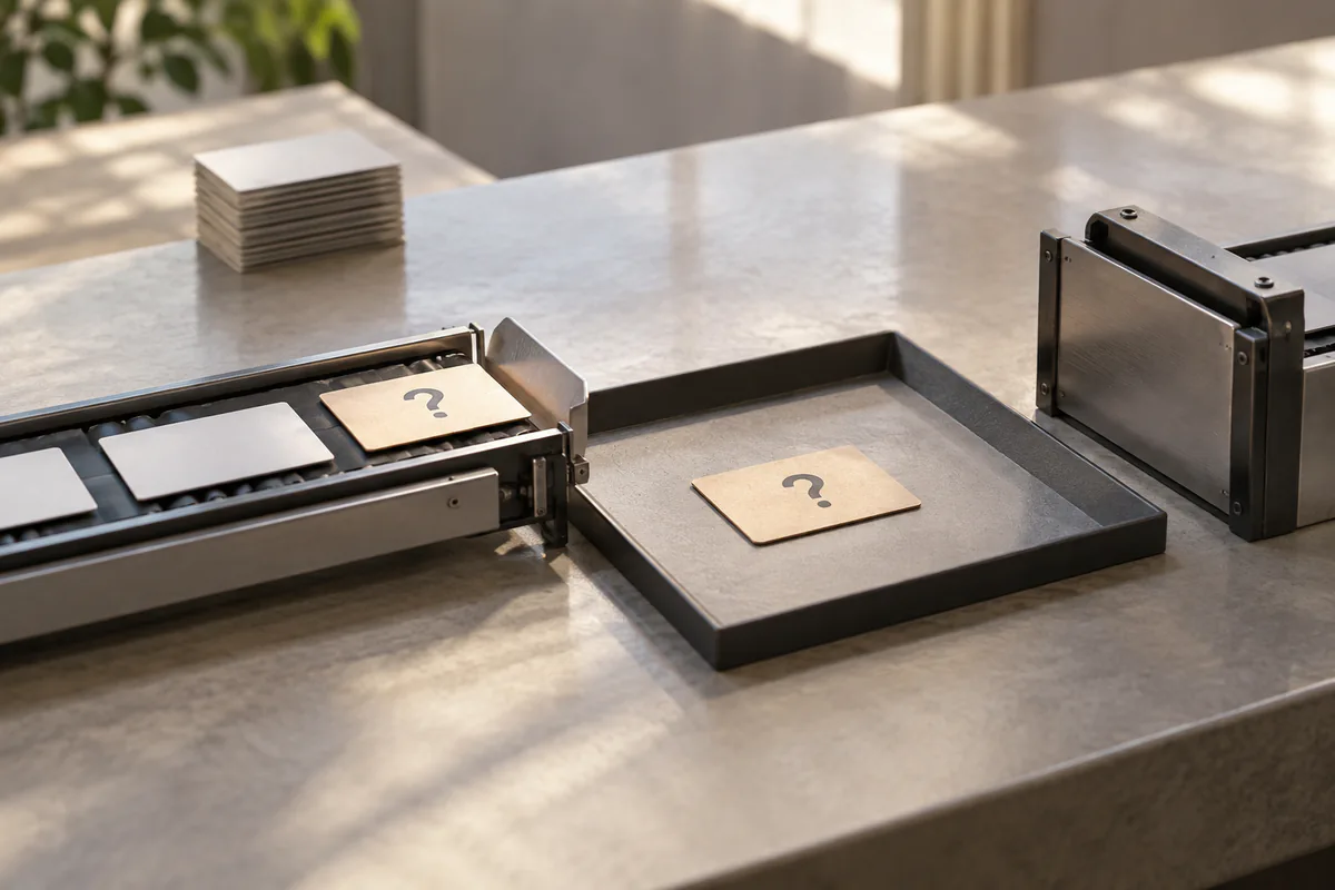 An uncertain card leaves a sorting track for a separate review area
