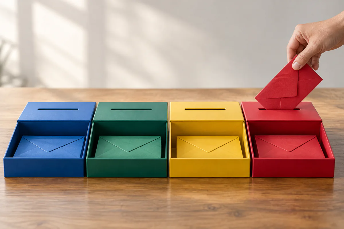 Different colored envelopes enter their matching narrow slots