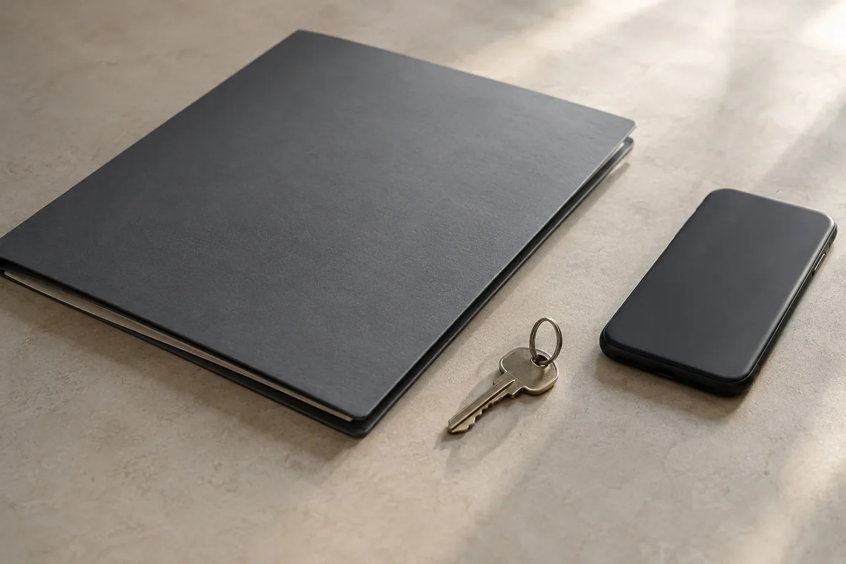 A closed folder, key and phone lie together on a desk.