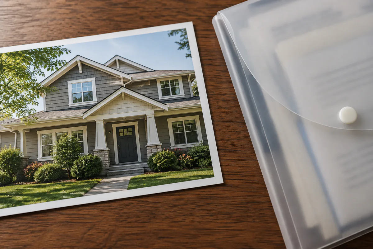 A house photo with a blank strip covering identifying details beside a document wallet