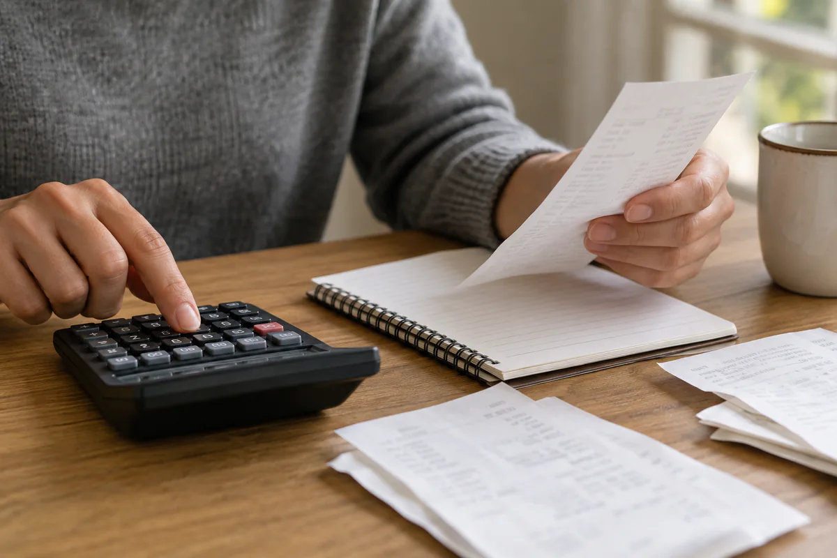 Hands check a receipt with a calculator beside a notebook