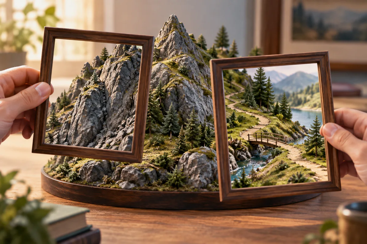 Two frames isolate a steep obstacle and a gentler path in the same miniature landscape.