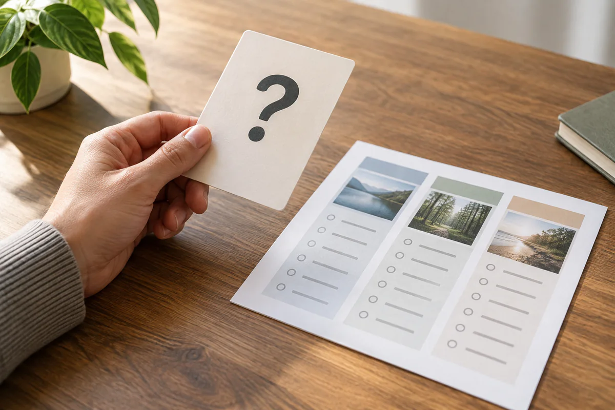 A question card is held above three possible reviewed outcomes