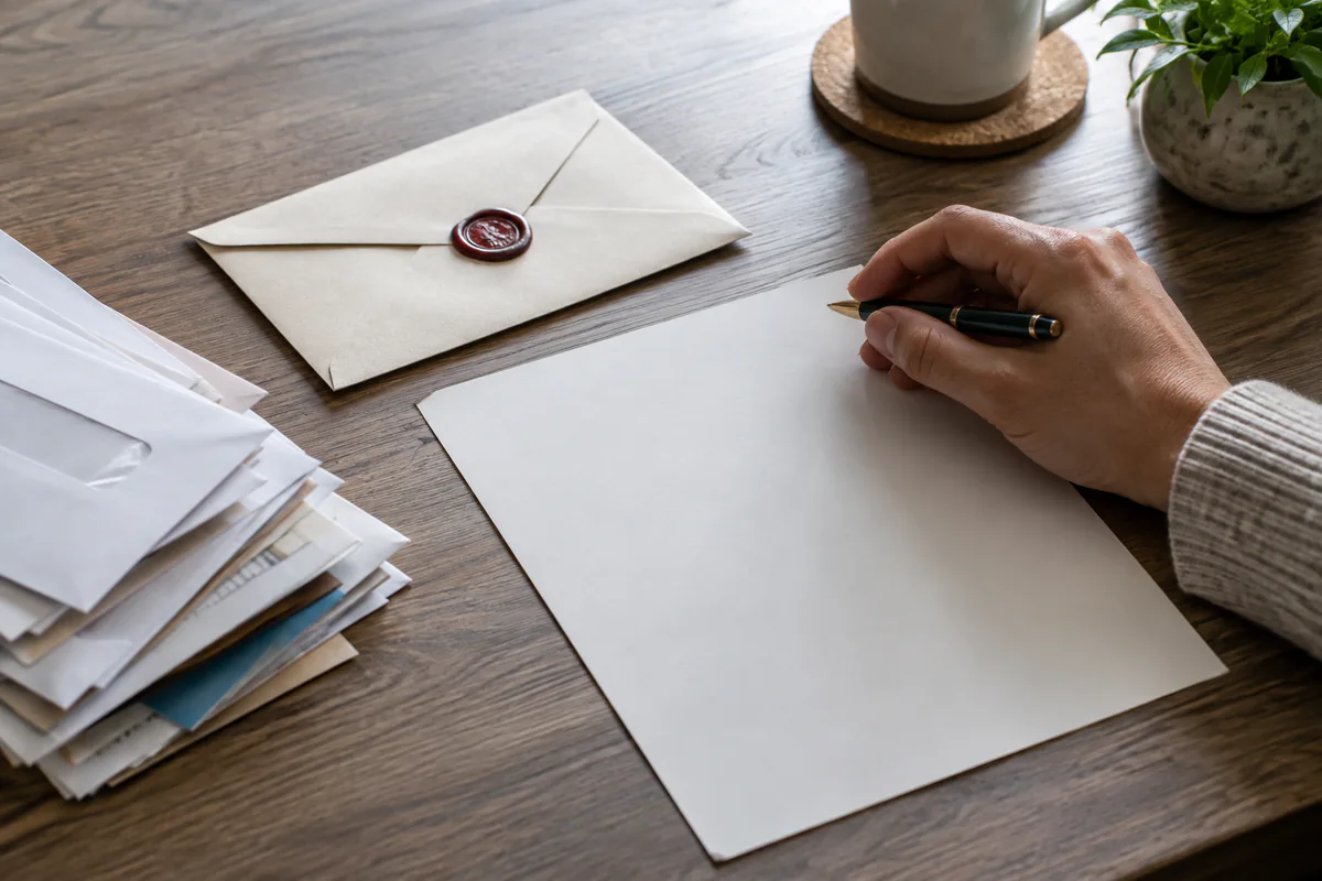 An important sealed envelope is set aside beside a blank response sheet.