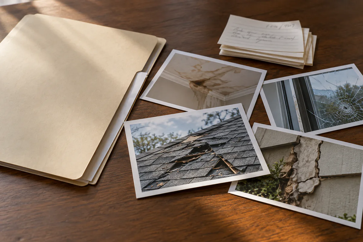 Photographs of property damage lie beside a folder and notes.