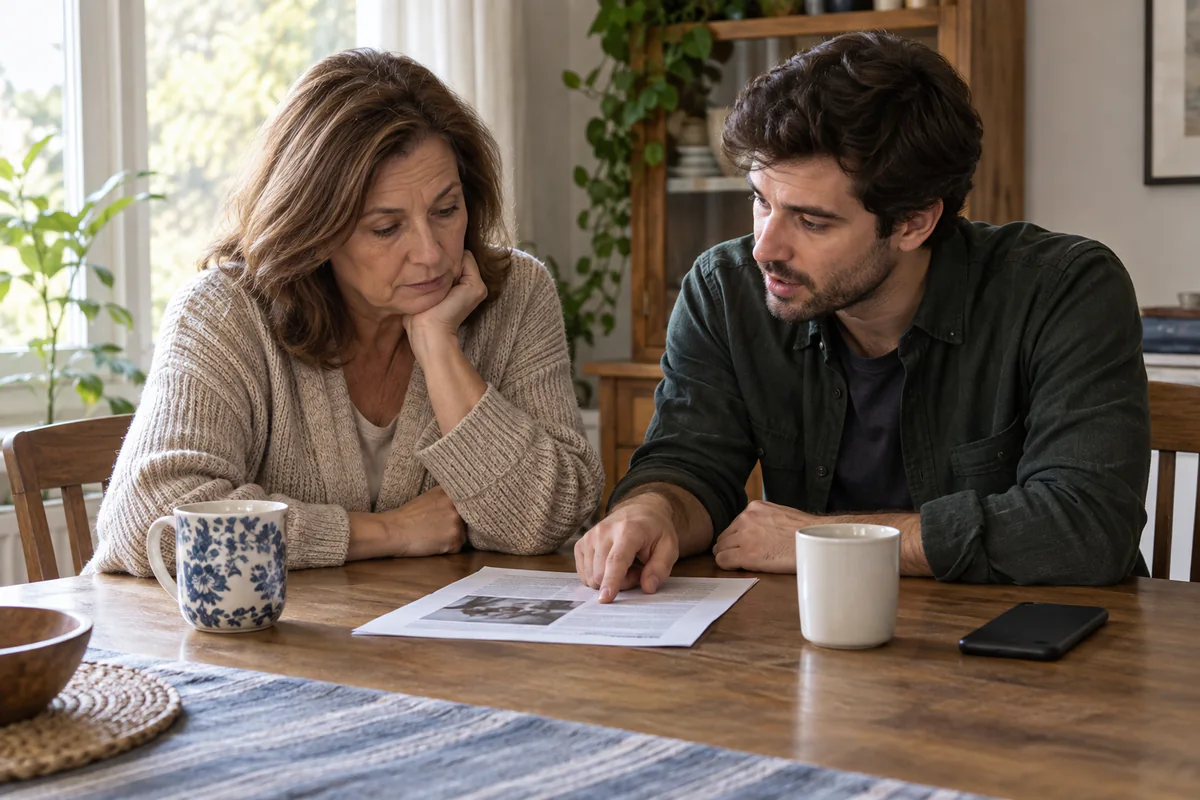 Two people discuss a printed image while their phone is set aside