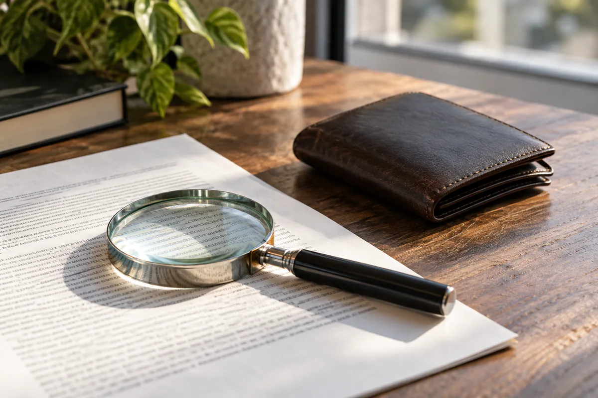 A magnifying glass rests on a document beside a closed wallet.