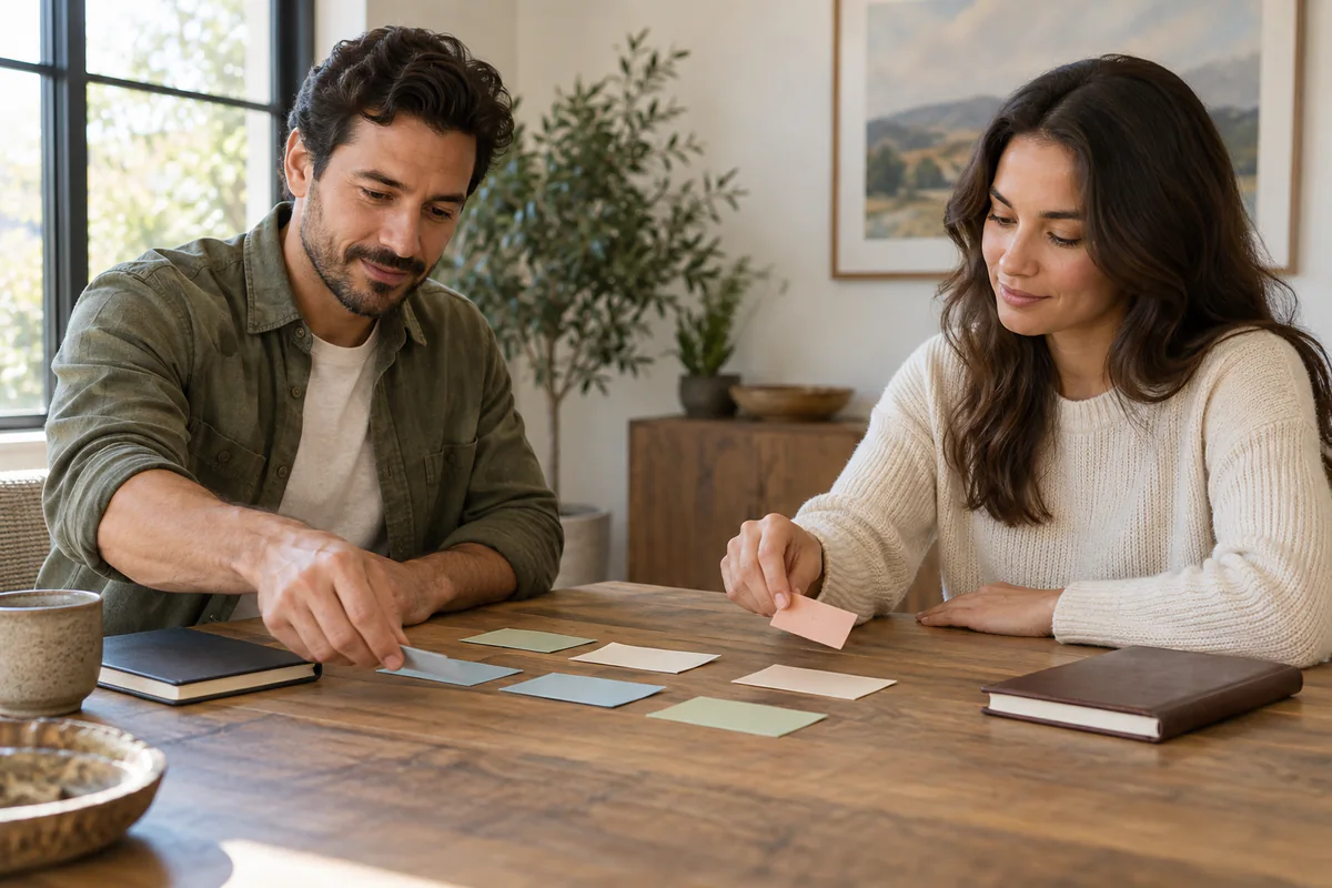Two adults compare notes spread across a household table.