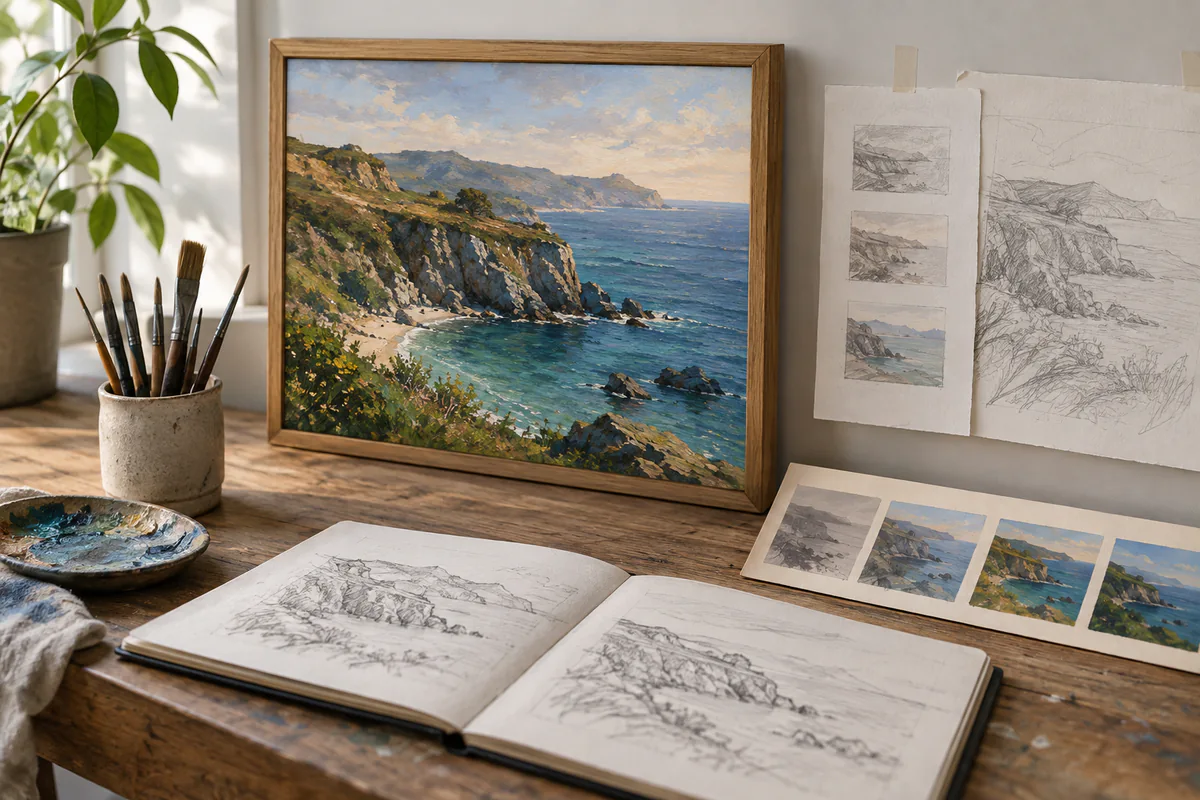A landscape painting displayed with its pencil studies and reference images