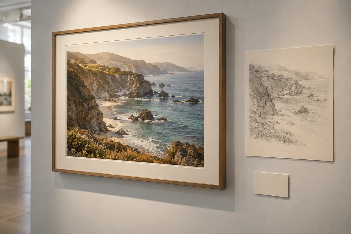 A framed landscape is displayed beside its sketch and a blank information card.
