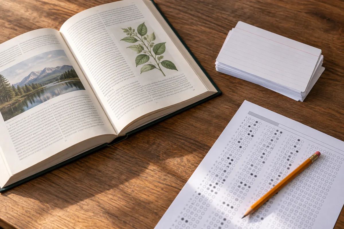A reference book, reviewed question cards, and an answer sheet arranged for study