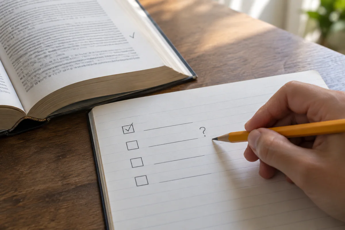 A learner leaves a deliberate gap in notes while checking a source book