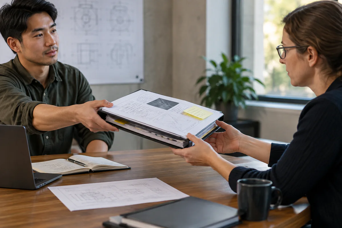 One engineer hands a bounded project folder to a reviewer