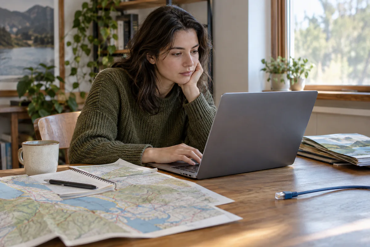 A person works from local reference papers beside an unbranded laptop