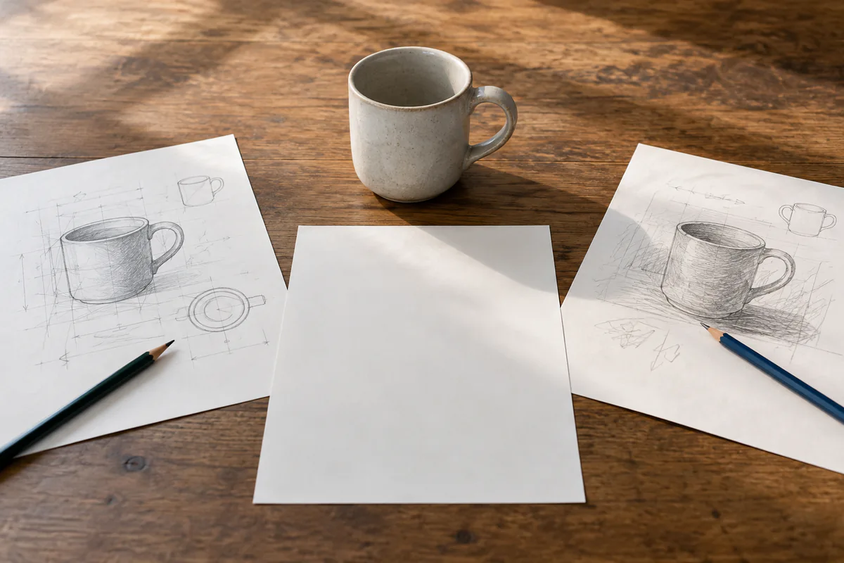 Two independently marked sketches beside a shared reference object