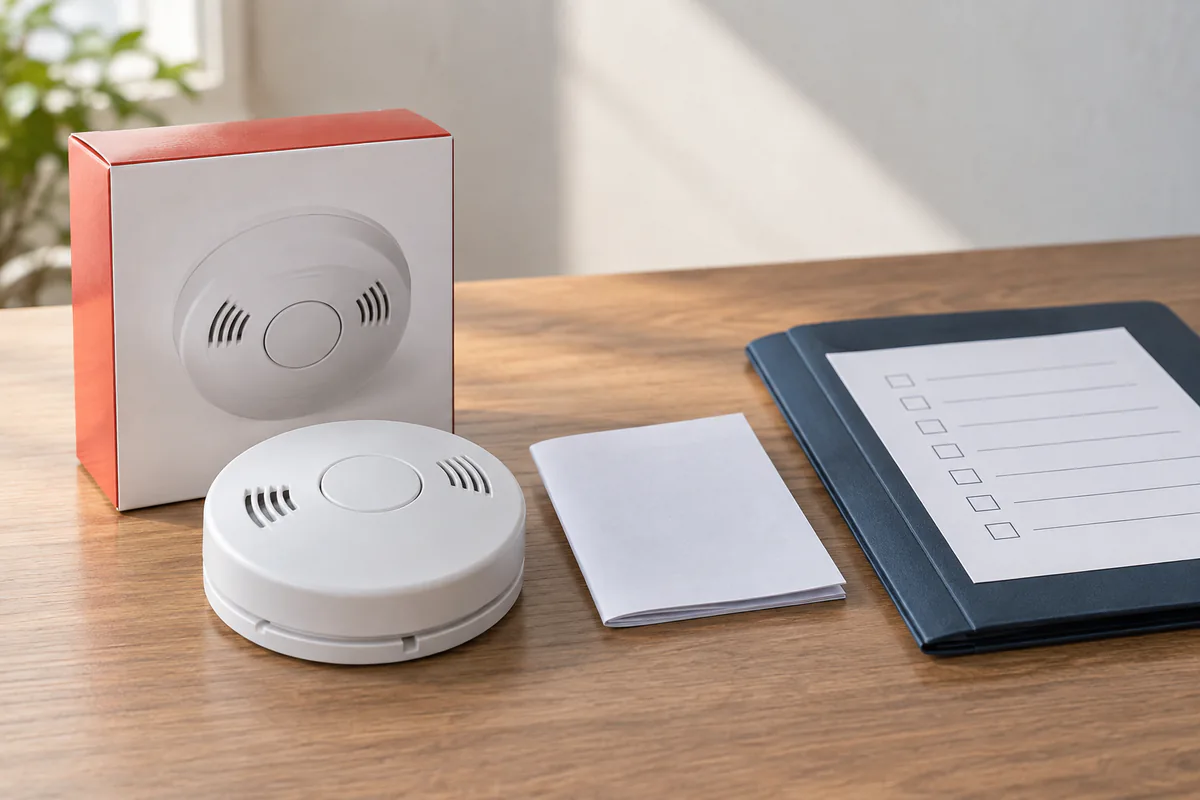 An unbranded smoke alarm beside its packaging, a booklet and a blank checklist