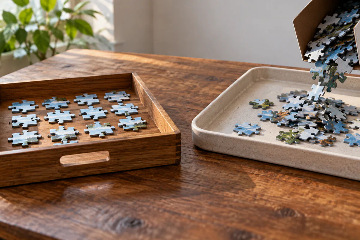 Matching puzzle pieces move between a local cache tray and a validation tray