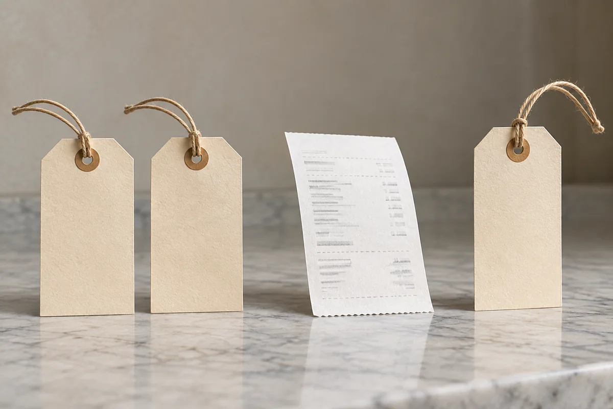 Matching input tags flank one retained receipt on a clean work surface