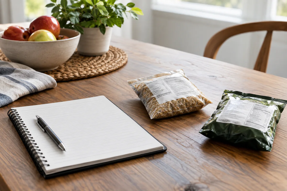 Two food packages turned label-side up beside an open notebook