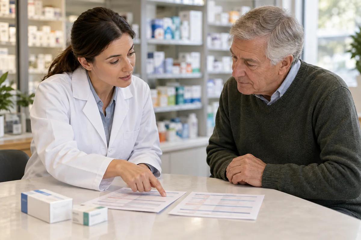 A pharmacist reviews highlighted papers with an older man