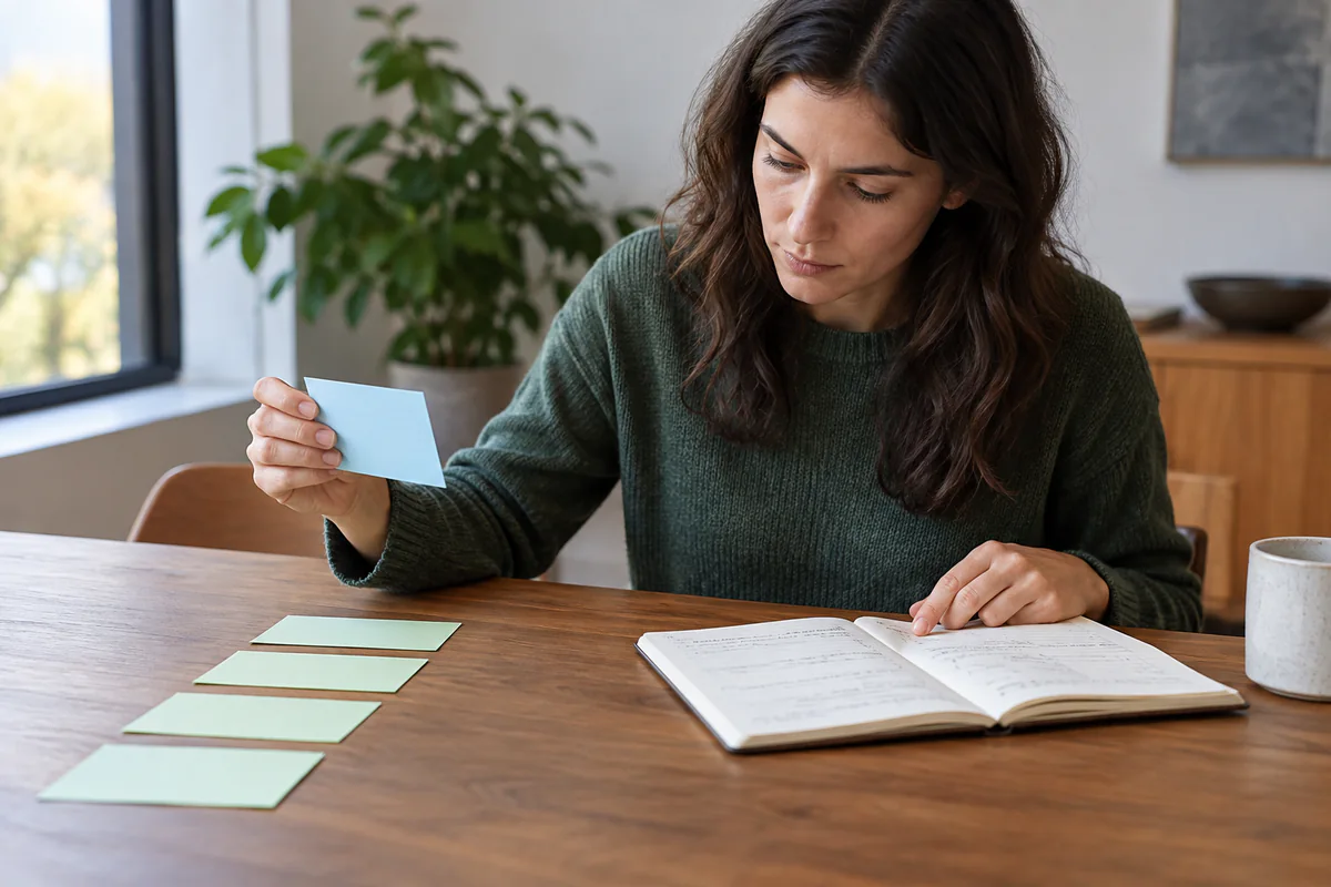 A person sorts note cards while checking an open notebook