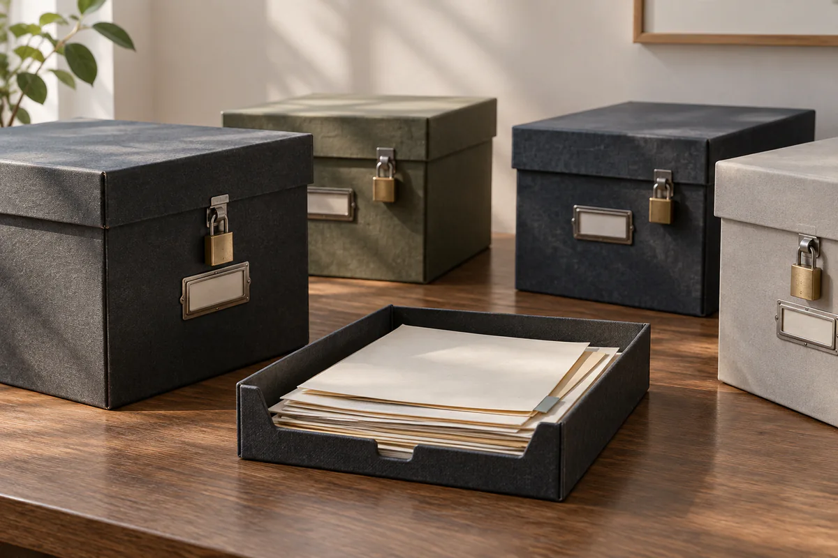 Locked archive boxes surround one reviewed retrieval tray