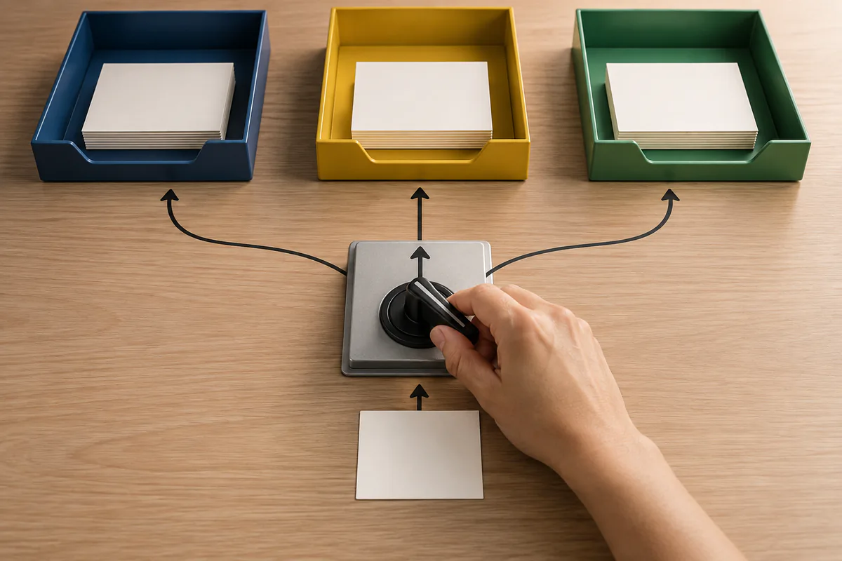 A hand turns a selector that routes a task card toward one of three trays