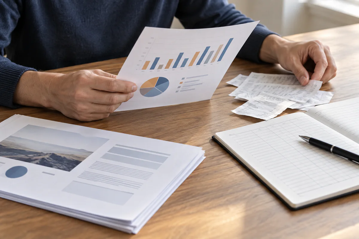 A chart is reconciled against source receipts and a ruled data sheet
