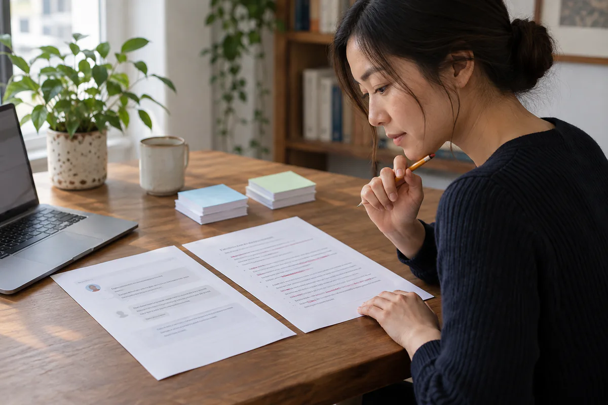 A reviewer checks multilingual draft pages beside organized source cards