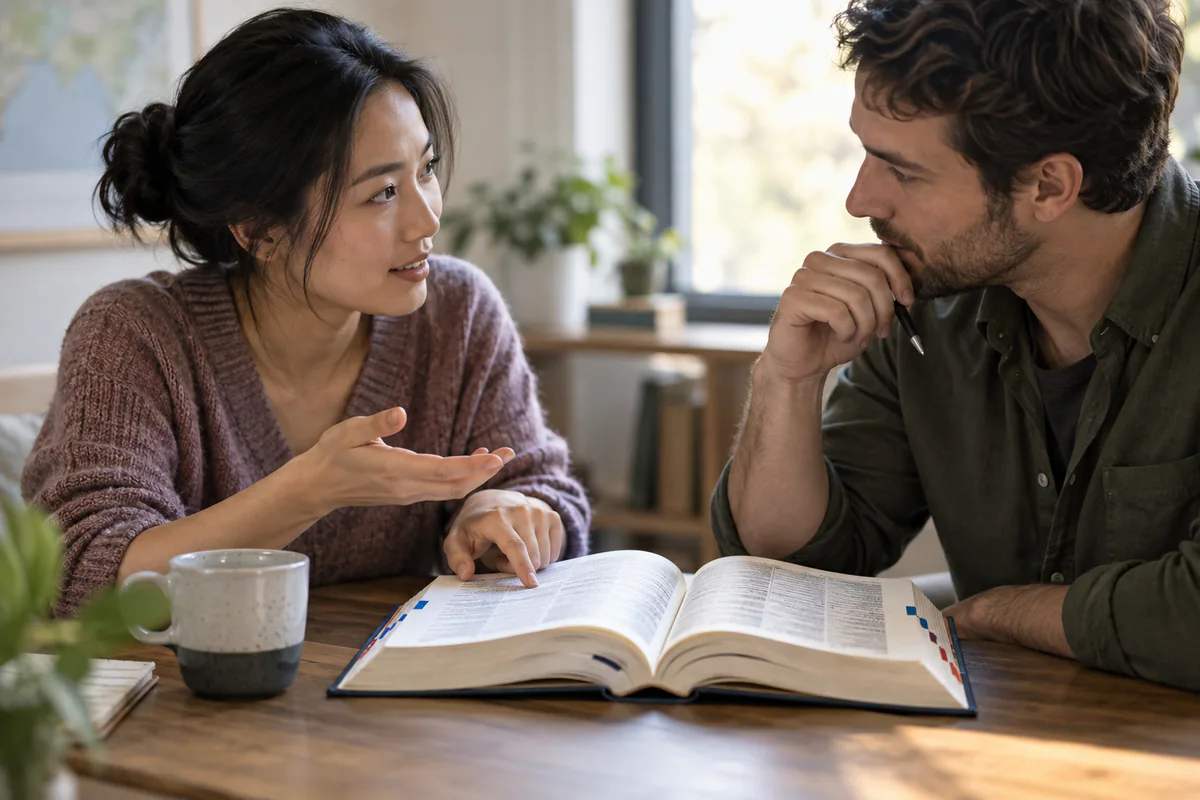 Two adults discuss an open dictionary together.