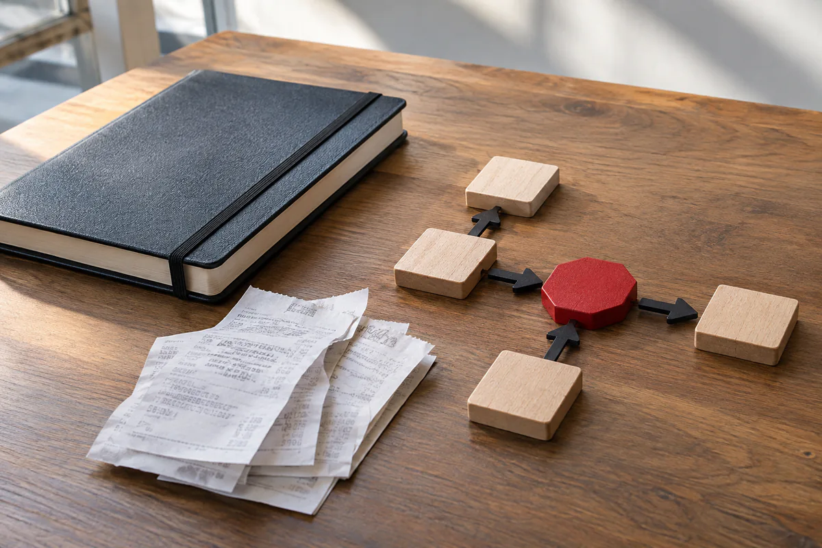 An event notebook and retained receipts beside a stopped workflow model