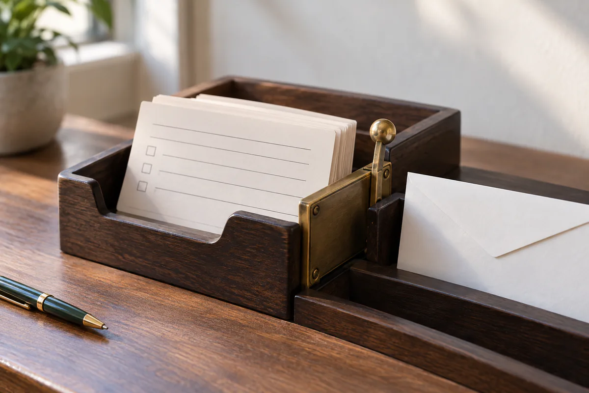 A support card waits behind a hand-operated barrier before the outgoing tray
