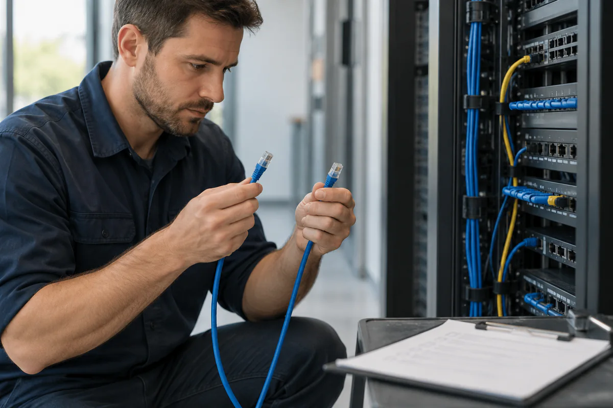 A technician checks both ends of a network cable beside a configuration sheet