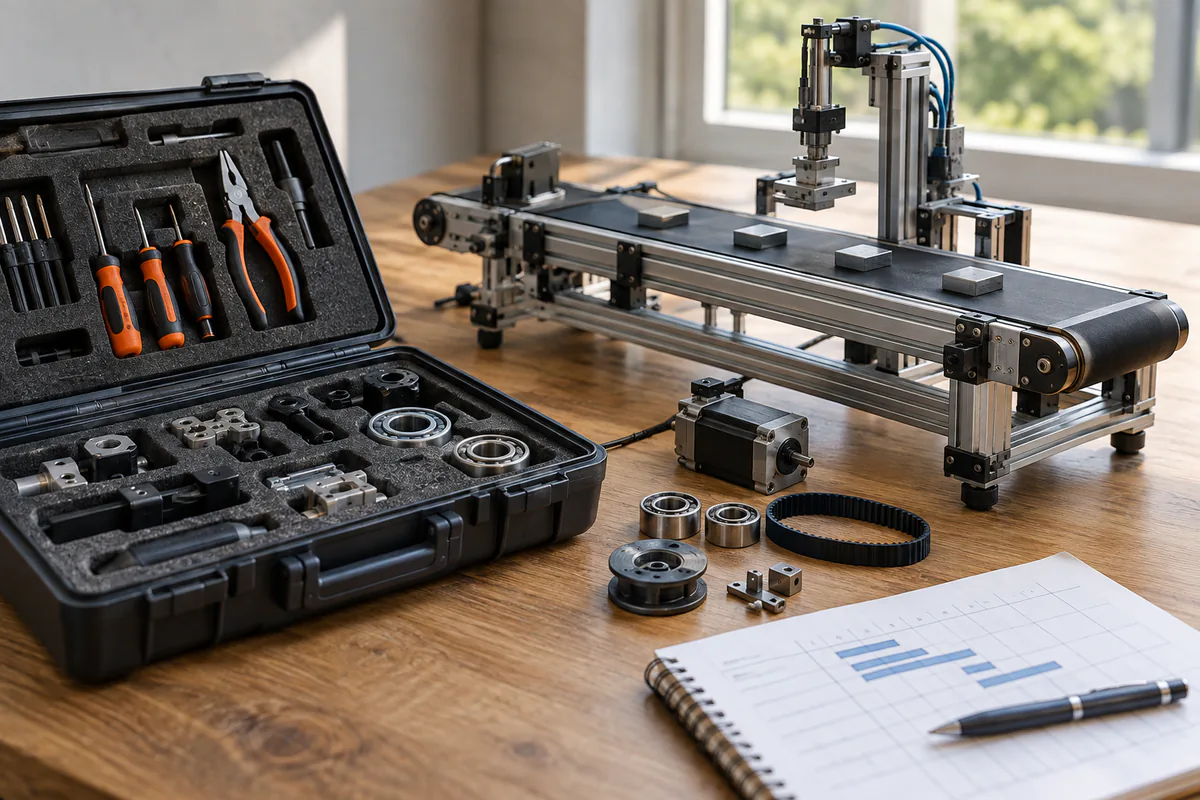 Maintenance tools and spare parts sit beside a small automation line