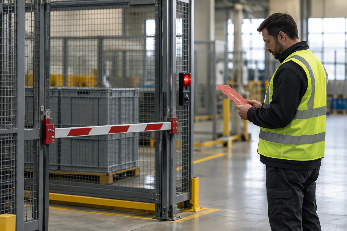 An operator reviews an exception beside a closed industrial safety gate