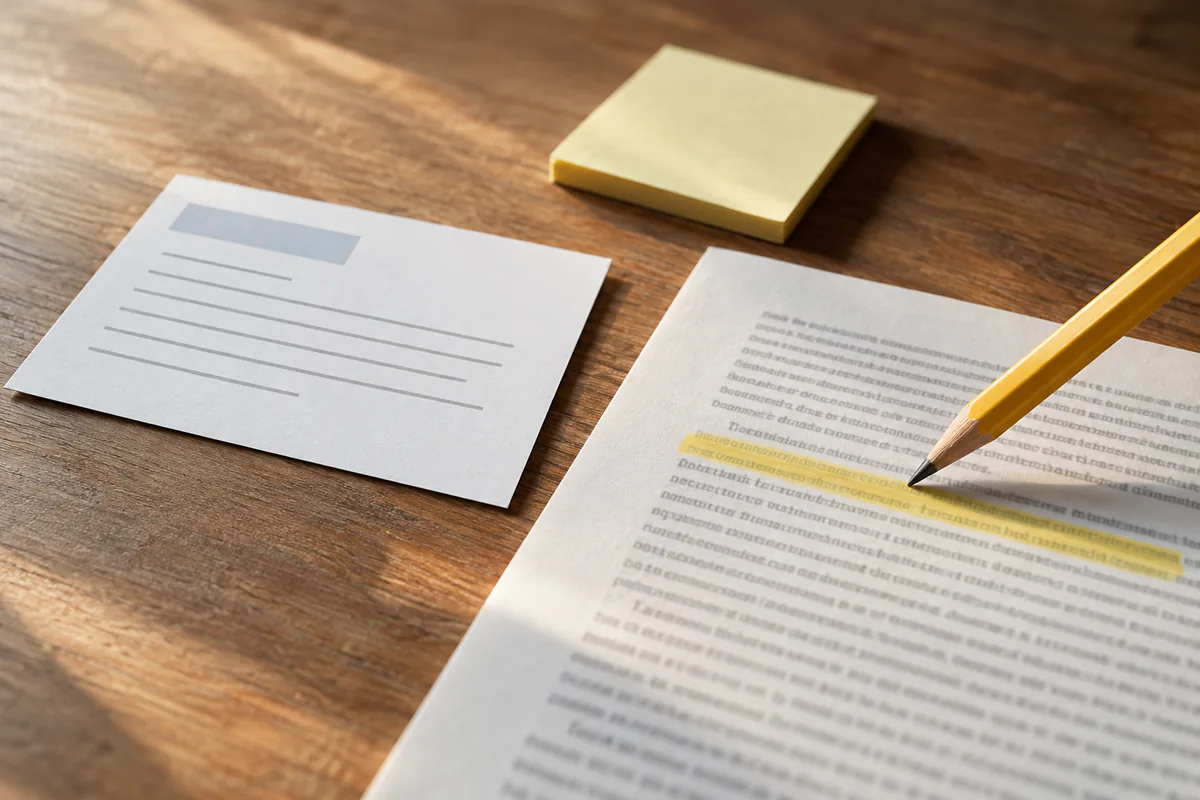 A pencil points to a highlighted passage beside a blank note card