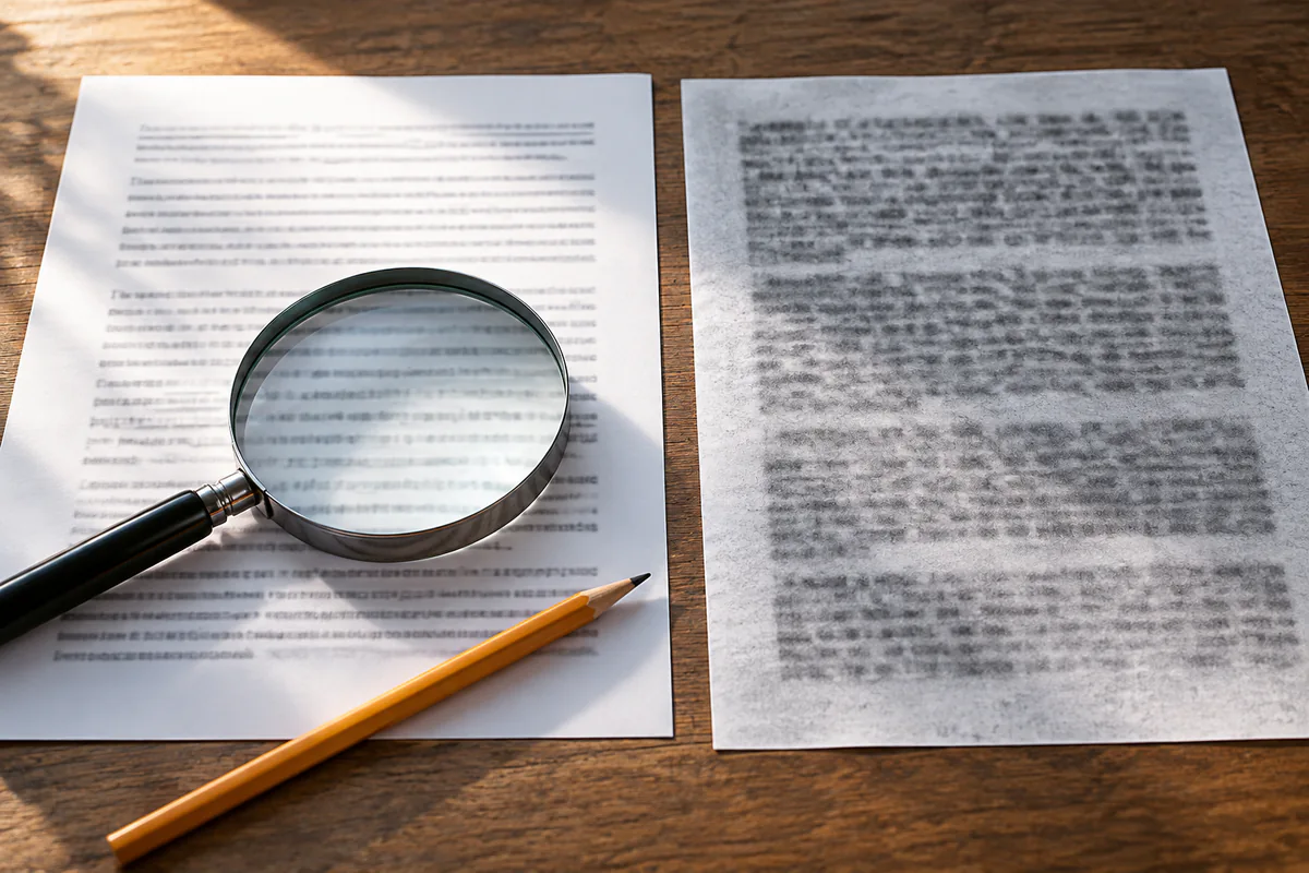 A magnifying glass lies between a clear page and a noisy copy.