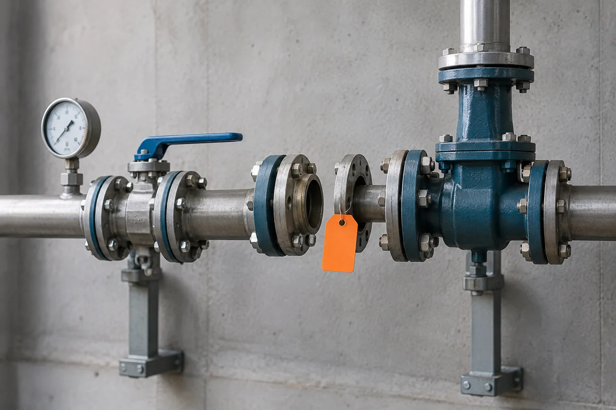 A tagged interruption in a visible physical pipeline
