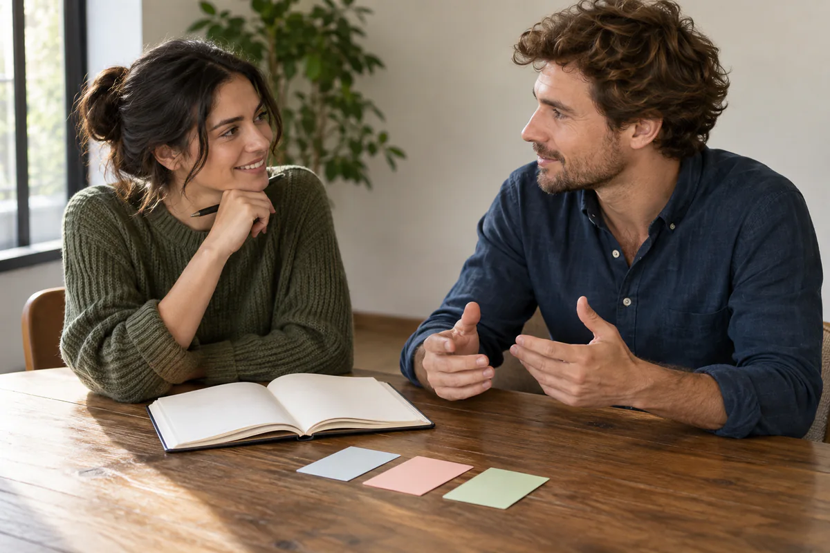 Two colleagues talk across a table with an open notebook and note cards