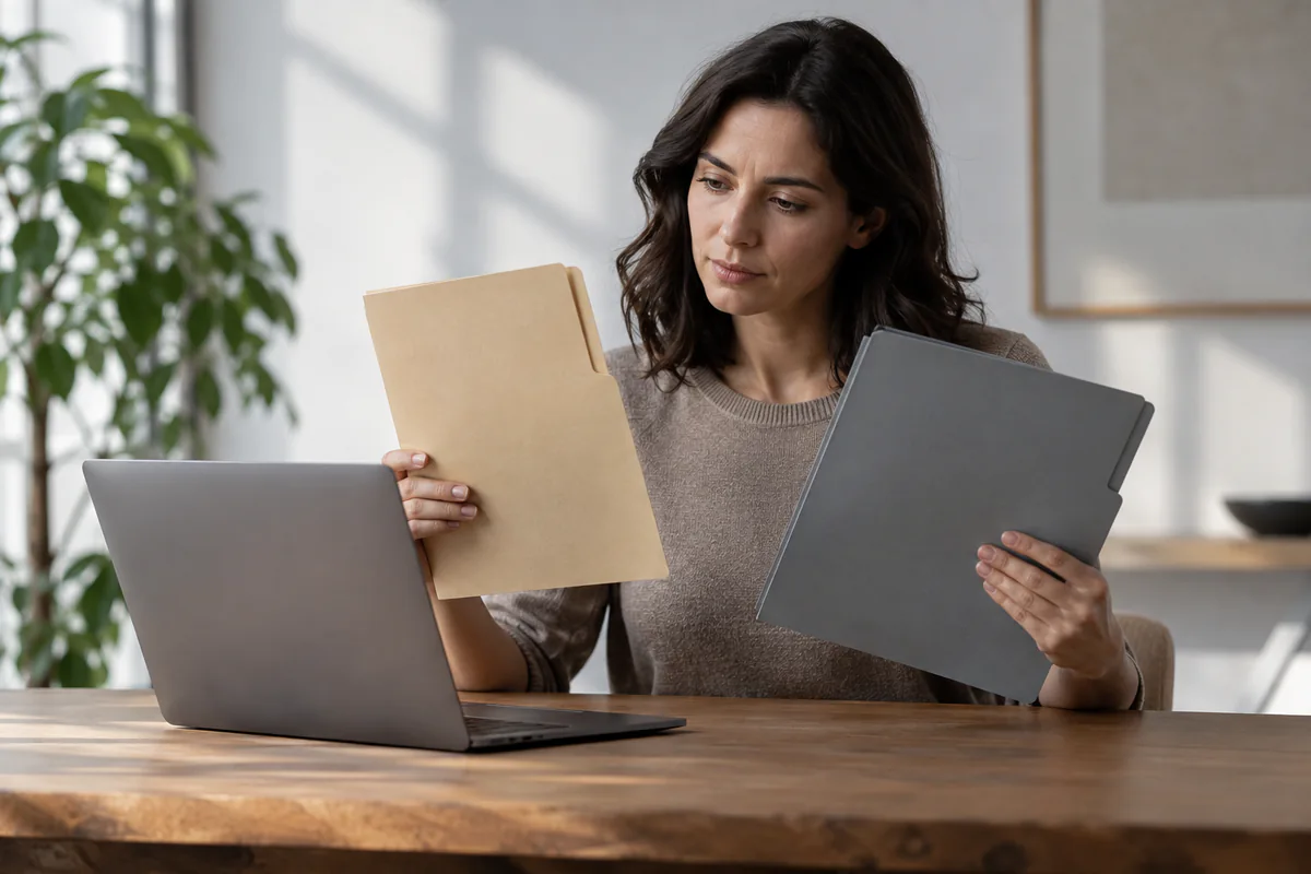 A person compares two provider folders beside an unbranded laptop