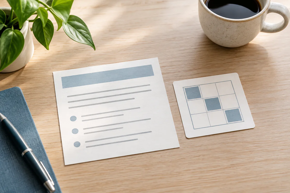A short instruction card and a bounded practice task on a clean desk