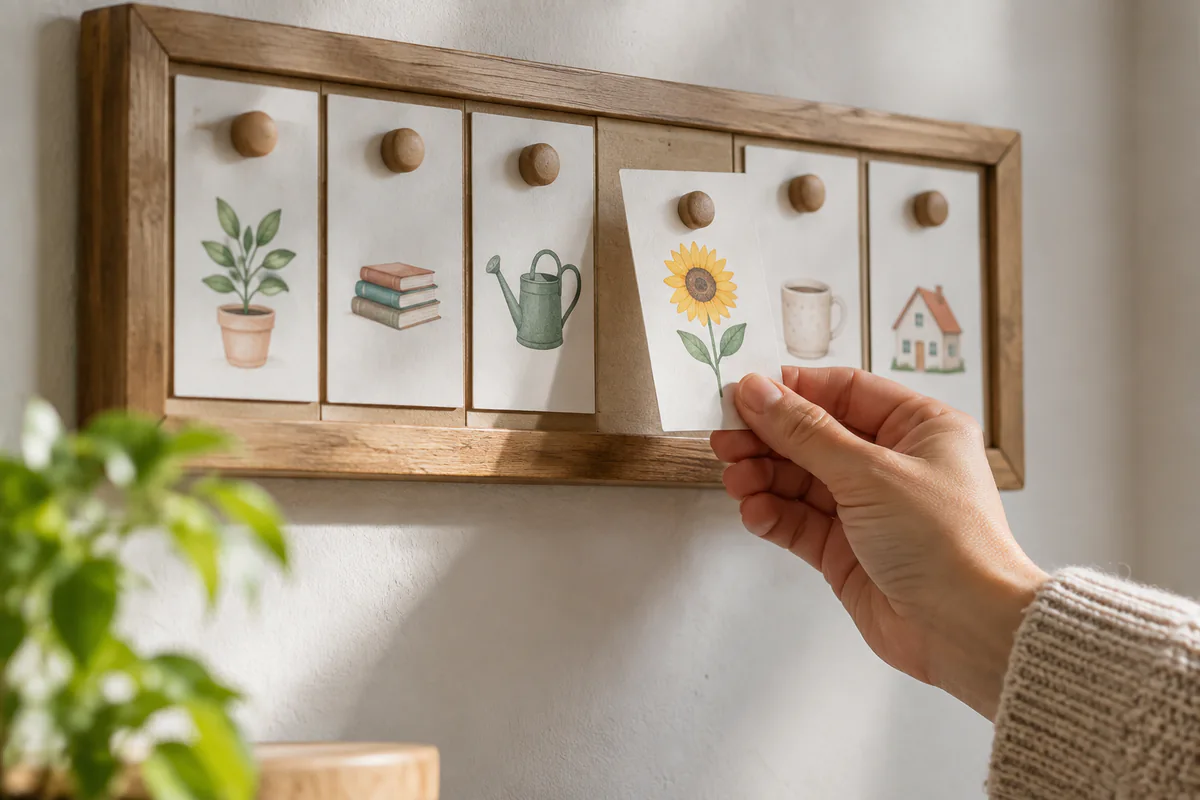A hand moves one illustrated card on a household task board.